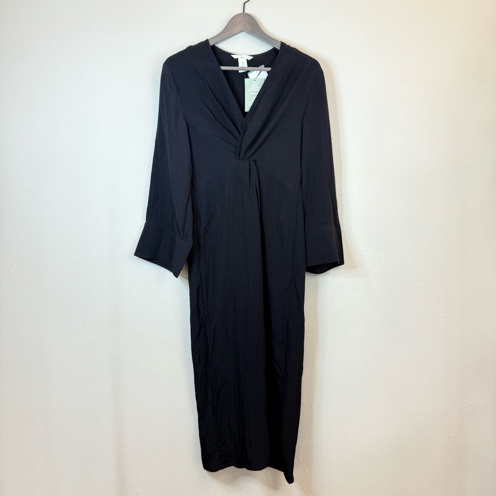 H&M Women’s Wrap Neck 3/4 Sleeve Black Caftan Midi Dress Size XS NWT